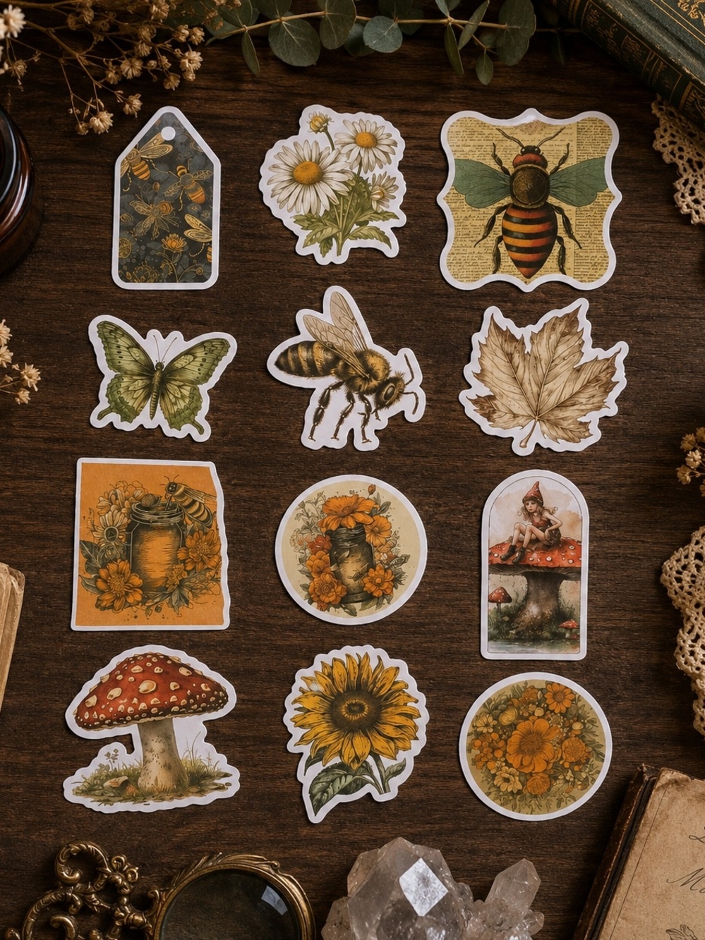 Vintage Cottagecore Bee Mushroom Sunflower Sticker Pack 12 New